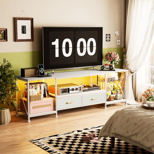 Utlenianie TV Lowboard Led, Fernsehtisch 75 Zoll, TV Sideboard Wohnzimmer, 180x40x58 cm, Fernsehtisch mit 2 Schubladen, 2 Offenen Fächern, Fernsehschrank mit RGB-LED-Leuchten, Stahlgestell(Weiß) von Utlenianie