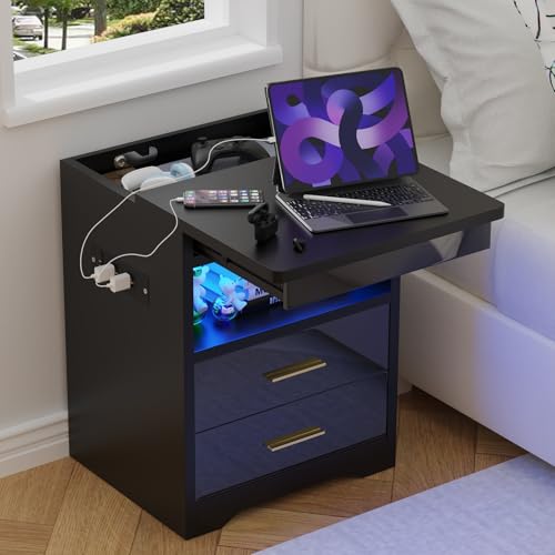 Utlenianie Nachttisch mit Led Licht, Nachtschrank mit Ladefunktion und Schrankschlösser, Nachttische mit 2 Schubladen und Schiebekommode Oben, Nachtkommode für Schlafzimmer, Wohnzimmer (Schwarz) von Utlenianie