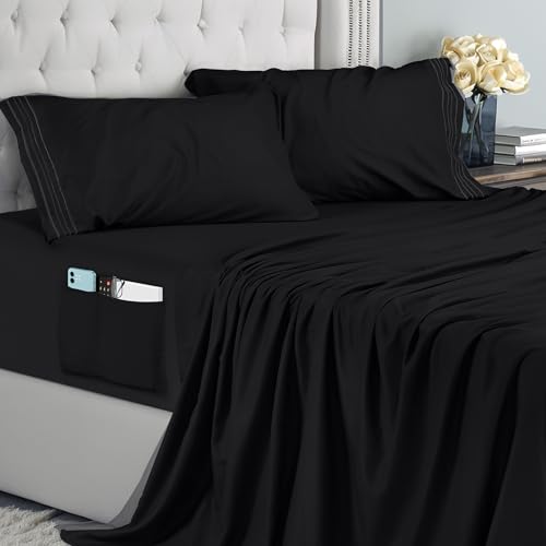Utopia Bedding Bettlaken Set (4 Teilige, Schwarz), Polyester Mikrofaser, Oeko-Tex Zertifiziert, Spannbettlaken 135x190, Bettlaken 225x255, 2 Bestickten Kissenbezüge 50x75 von Utopia Bedding