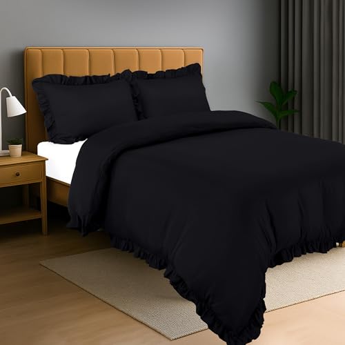 Utopia Bedding Rüsche Bettwäsche 200x200 Set - Mikrofaser Bettbezug 200x200 cm + 2 Kissenbezüge 50x75 cm - Schwarz von Utopia Bedding