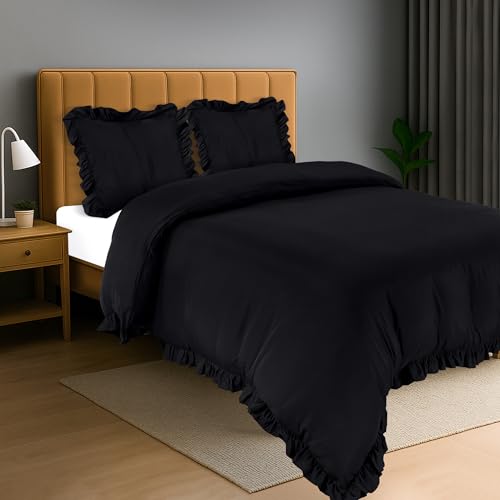 Utopia Bedding Rüsche Bettwäsche 200x200 Set - Mikrofaser Bettbezug 200x200 cm + 2 Kissenbezüge 80x80 cm - Schwarz von Utopia Bedding