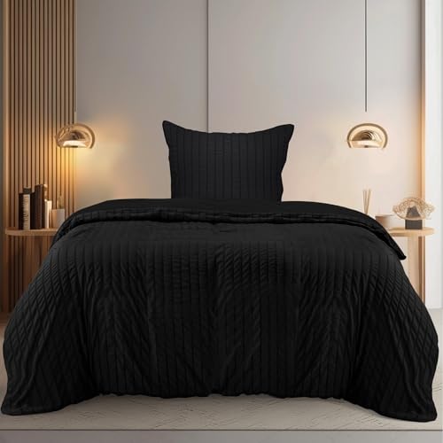Utopia Bedding Seersucker Bettwäsche 135x200 Set - Mikrofaser Polyester Bettbezug 135x200 cm + 1 Kissenbezug 80x80 cm - Schwarz von Utopia Bedding
