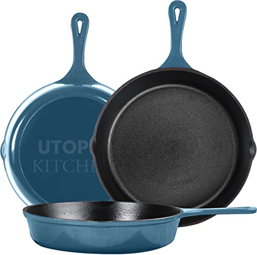 Utopia Kitchen - Bratpfanne – vorgebranntes Gusseisen-Pfannen-Set 3-teilig – Antihaft-Pfanne – 15,2 cm, 20,3 cm und 25,4 cm Gusseisen-Set (Blaugrün) von Utopia Kitchen