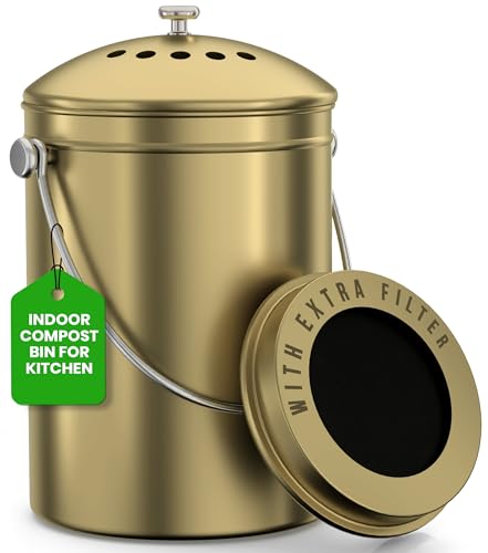 Utopia Kitchen Komposteimer für Küchenarbeitsplatte – 1,3 Gallonen Komposteimer für Küche mit Deckel – inklusive 1 Ersatzkohlefilter (Gold) von Utopia Kitchen