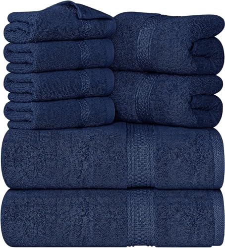 Utopia Towels - 8 teilig Handtücher Set aus Baumwolle mit Aufhänger - 2 Badetuch, 2 Handtücher und 4 Washclappen - (Marine Blau) von Utopia Towels