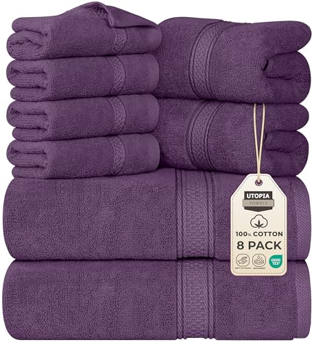 Utopia Towels - 8 teilig Handtücher Set aus Baumwolle mit Aufhänger - 2 Badetuch, 2 Handtücher und 4 Washclappen - (Pflaume) von Utopia Towels