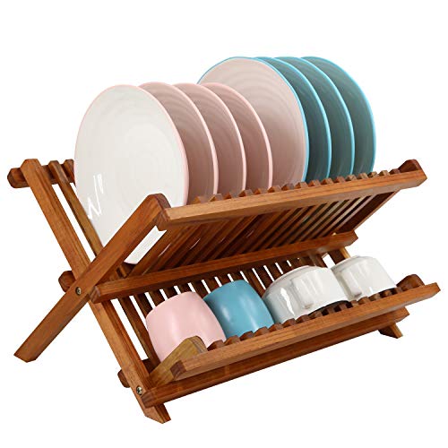 Utoplike Collapsible Teak Geschirrständer Stand Abtropffläche, 2 Etagen Geschirrständer mit Tassenhalter, Holz faltbar Geschirr Lagerung, Teller Veranstalter für Küche von Utoplike