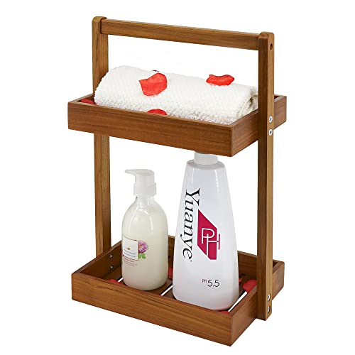 Utoplike Duschregal aus Teakholz, Ecke, 2 Etagen, Badezimmer-Organizer, Arbeitsplatte, stehendes Duschregal mit Griff, stehender Duschkorb für Shampoo, Regal für Innendusche, Küche Desktop von Utoplike