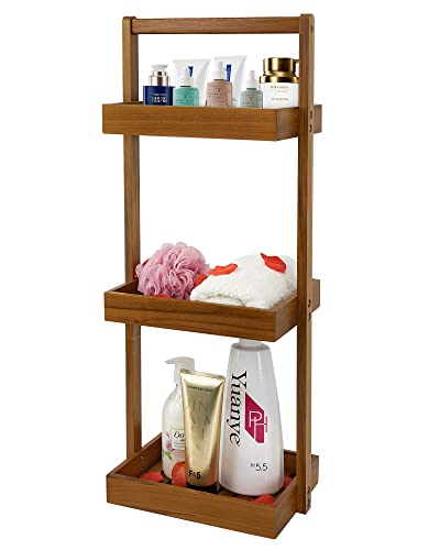 Utoplike Teak-Dusch-Caddy Ecke, 3-stöckiges Stand-Dusch-Organizer-Regal mit Griff, Holz, Badezimmer-Aufstellkorb für Shampoo, Regal für Innendusche, Bad, Büro, Küche Desktop von Utoplike