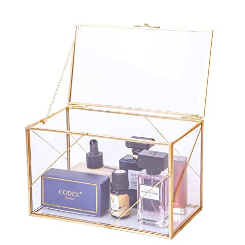 Utopz Dekorative transparente Glasbox mit goldener geometrischer Linie und Messingschatulle, Schmuckschatulle, Schatzkasten, 20,3 x 11,4 x 12,7 cm von Utopz