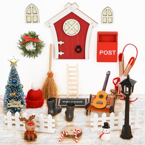 Uuams Wichteltür Komplettset, 25PCS Wichtel Zubehör, Miniatur Weihnachtsdeko Holz, Geschenke für Mädchen Junge, Wichteltür Set mit Feentür, Briefkästen, Stiefel, Leiter, Weihnachtsbaum von Uuams