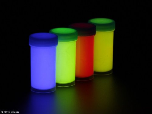 Unsichtbare Leuchtfarbe Set 4x100ml (8,74€/100ml) blau, grün, rot, gelb von UV-Elements