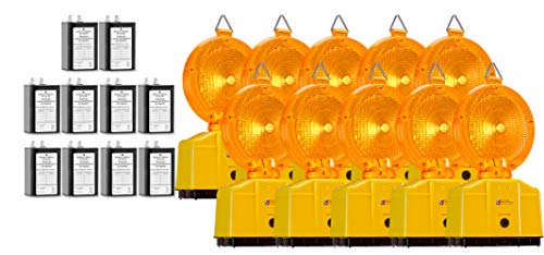 10 Stück Baustellenleuchten Warnleuchten mit Dämmerungsfunktion gelb, LED inkl. 2 Lampenschlüssel (inkl. 50Ah Batterien) von UvV