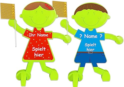 2 Stück Achtung Kinder Verkehrssicherheitsmännchen (Name nach Wunsch) - grün und reflektierend - Sicherheit für spielende Kinder von UvV