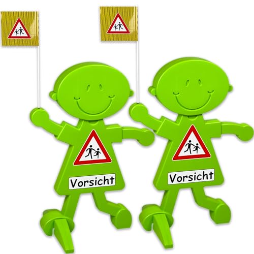 3D Warnschild "Vorsicht spielende Kinder" mit reflektierender Folie für mehr Verkehrssicherheit | 1 Meter hoch mit Warnflagge | leuchtend grün und stark auffallend (2 x Verkehrszeichen "136") von UvV