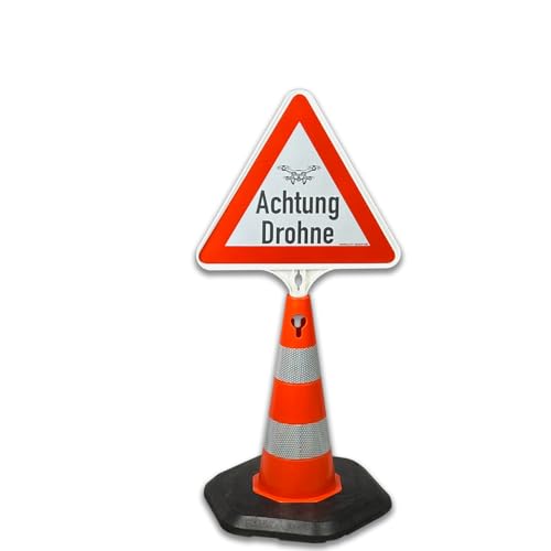 Achtung Drohne: Reflektierender Kegel mit wechselbarem Schild – Schnell aufgestellt und mobil einsetzbar in zwei praktischen Größen. (Achtung Drohne, 50 cm) von UvV