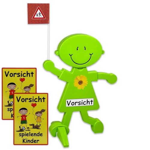 UvV 3D Warnschild "Verkehrssicherheitsmännchen" mit reflektierender Folie für mehr Verkehrssicherheit | 1 Meter hoch mit Warnflagge | leuchtend grün und stark auffallend (Variante 2 + Klebeschild) von UvV