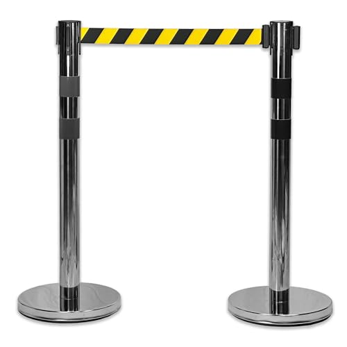 UvV BounceLine Personenleitsystem, Absperrpfosten, Edelstahl, 2 Pfosten 90 cm Hoch je 3 m Gewebeband (Stahl 8 kg (Heavy), gelb/schwarz) von UvV