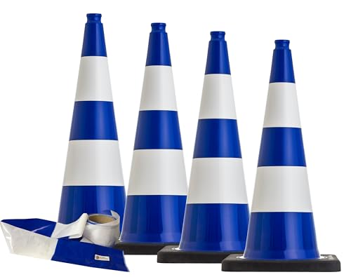 UvV Kegel Absperrset -BounceLine- 4 UvV Flex Premium Leitkegel/Pylonen + 100 Meter Absperrband (Blau, 75cm) von UvV