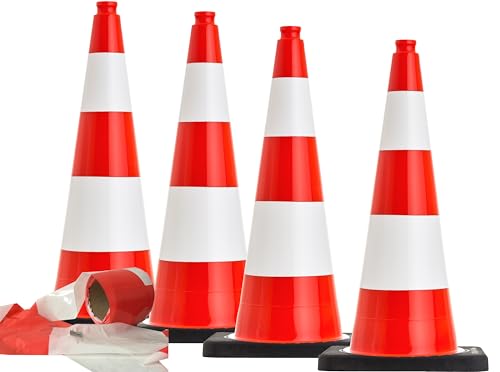 UvV Kegel Absperrset -BounceLine- 4 UvV Flex Premium Leitkegel/Pylonen + 100 Meter Absperrband (Orange, 75cm) von UvV