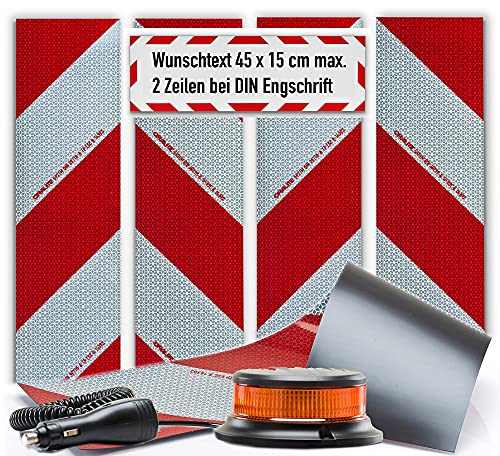 UvV Magnet Kfz-Warnmarkierung Set 4 x 564x141mm gem DIN30710 + Magnet LED Blitzer + Zusatzschild in der Größe 45x15 mit Wunschtext von UvV