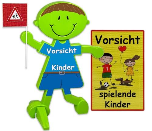 UvV Luca & Lisa Brems 3D Warnfigur + Schild 60 x 45 cm beides reflektierend als Set - Text: Vorsicht Spielende Kinder (blau - gelb) von UvV