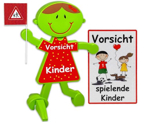 UvV Luca & Lisa Brems 3D Warnfigur + Schild 60 x 45 cm beides reflektierend als Set - Text: Vorsicht Spielende Kinder (rot - weiß) von UvV