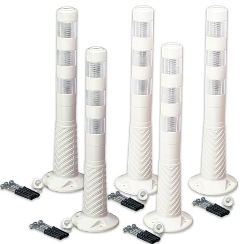 UvV-Reflex Absperrpfosten, Poller 75 oder 100 cm hoch, flexibel weiß, weiße RA2C Folie, reflektierend, selbstaufrichtend inkl. Befestigungsmaterial und Schrauböse (5 Stück, 75cm) von UvV