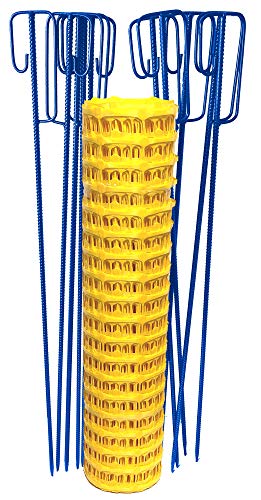 UvV Set Fangzaun gelb 50 m + 10 Blaue Absperrleinenhalter, Absperrnetz, Maschenzaun, Bauzaun Rolle Kunststoff extra reissfest (Gelb-Blau) von UvV