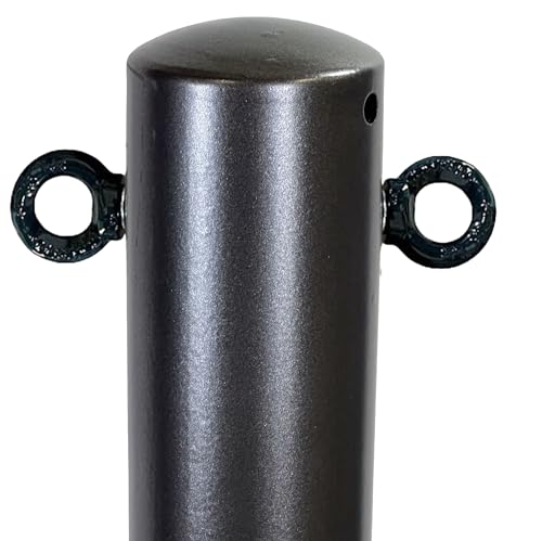 UvV SteelOn Absperrpfosten Ø 76 mm ortsfest zum Einbetonieren, Stahlkappe, Reflexstreifen, Verzinkt, pulverbeschichtet (Eisenglimmer (DB703) + Ösen) von UvV