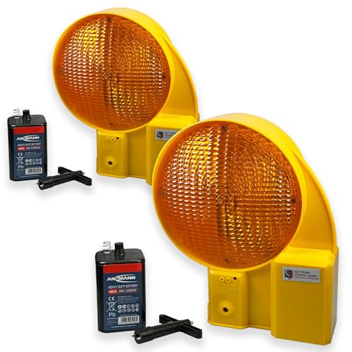 UvV UVWARN Sparset 2 x Baustellenleuchte, Warnleuchte gelb - LED, inkl. Batterien - das Set für Ihre Baustelle, Baustellenabsicherung (Gelb einseitig) von UvV