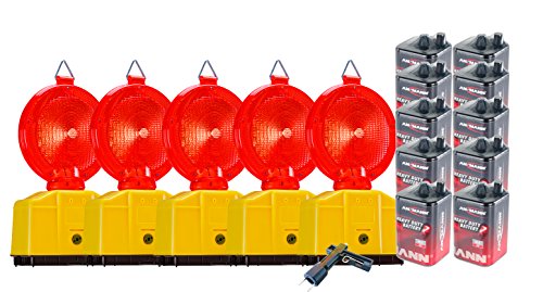 UvV Vollsperrung Set Z9-5 rote Baustellenleuchten LED-Warnleuchte Secura-Halter, inkl. 10 x 6 Volt Batterien 1 x Lampenschlüssel (Zweiseitig + 10 Batterien 9 Ah) von UvV