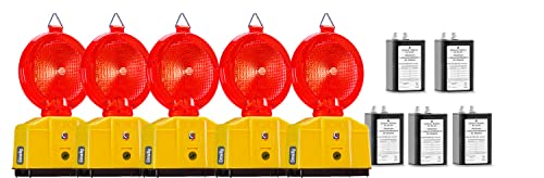 UvV Vollsperrung Set E50-5 rote einseitige LED Baustellenleuchten Warnleuchten 1 x Lampenschlüssel (Einseitig + 5 Batterien 50 Ah) von UvV