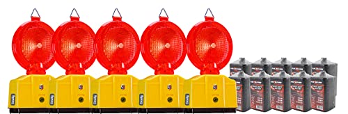 UvV Vollsperrung Set E9-5 rote einseitige Baustellenleuchten LED-Warnleuchte Secura-Halter, inkl. 10 x 6 Volt Batterien 1 x Lampenschlüssel (Einseitig + 10 Batterien 9 Ah) von UvV