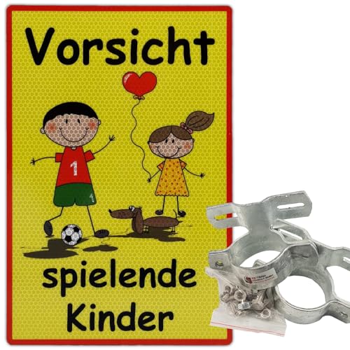 UvV Vorsicht spielende Kinder Warnschild 40 x 30 cm reflektierend - Alu-Dibond beklebt mit voll Retroreflektierender Folie (Verkehrszeichenfolie) Digitaldruck (gelb + Schellen 60er) von UvV