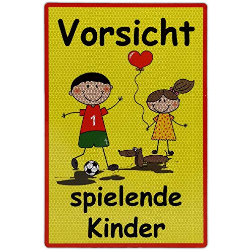 UvV Warnschild Vorsicht spielende Kinder 30 x 20cm reflektierend - hochwertiges Alu-Dibond Schild - bedruckt mit reflektierender Folie - gute Sichtbarkeit auch bei Dunkelheit (gelb) von UvV