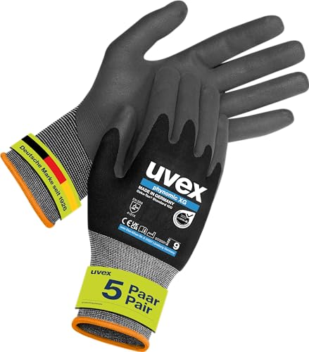 Uvex phynomic XG, 5 Paar - premium Grip-Handschuh für feuchte & ölige Bereiche - flexibel, robust & atmungsaktiv - schwarz, grau - Größe 11/XXL von Uvex