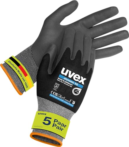 Uvex phynomic XG, 5 Paar - premium Grip-Handschuh für feuchte & ölige Bereiche - flexibel, robust & atmungsaktiv - schwarz, grau - Größe 09/L von Uvex