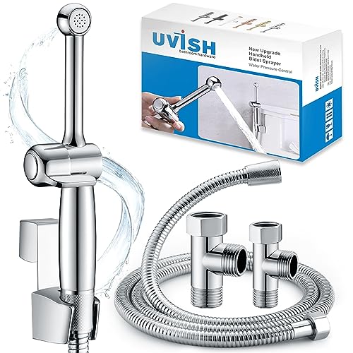 Bidet Handbrause für Toilette Messing Bidet Sprayer, Uvish Bidet Aufsatz Duschkopf mit Einstellbarem Druck G1/2" & G3/8" Toilette Ventil, Muslimische Dusche Shattaf für WC Persönliche Hygiene, Chrom von Uvish