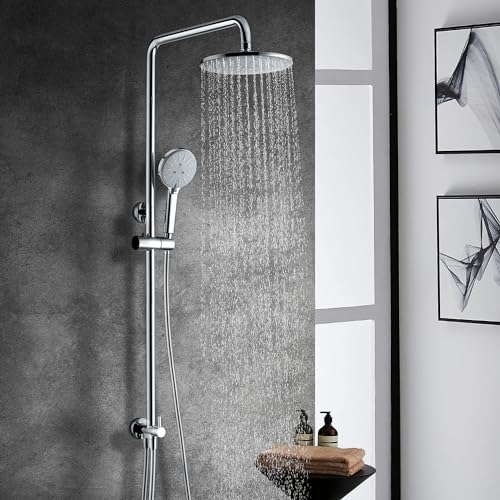 Uvish Duschsystem Regendusche ohne Armatur, Edelstahl Duscharmatur Komplettset mit 23cm Rund Überkopfbrause & 4 Strahlarten Handbrause, Brausegarnitur Dusch Set, Chrom von Uvish