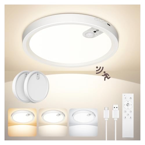 Uwithm Deckenleuchte mit Bewegungsmelder,7000mAh LED Deckenlampe Akku Aufladbar,Dimmbar,3 Farbtemperaturen,Fernbedienung mit Timer,Deckenlampe ohne stromanschluss für Badezimmer, Flur,Garage（2 Stück） von Uwithm