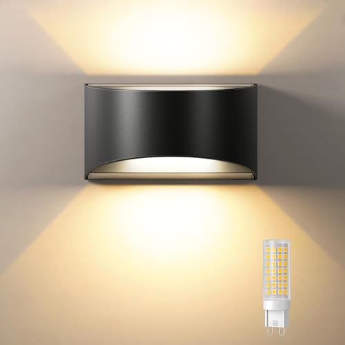 Uwithm Wandleuchte Innen Schwarz mit Austauschbarer G9 LED lampe Warmweiß 3000K,Aluminium LED Wandleuchte Innen/Aussen,Aussenbeleuchtung für Wohnzimmer Garten,IP65 Wasserdichte Wandlampe(1 Stück) von Uwithm