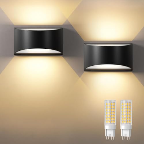 Uwithm Wandlampe mit Austauschbarer G9 LED lampe Warmweiß 3000K,Aluminium LED Wandleuchte Innen/Aussen,Aussenbeleuchtung für Wohnzimmer Garten,IP65 Wasserdichte Wandleuchte(Schwarz 2 Stück) von Uwithm