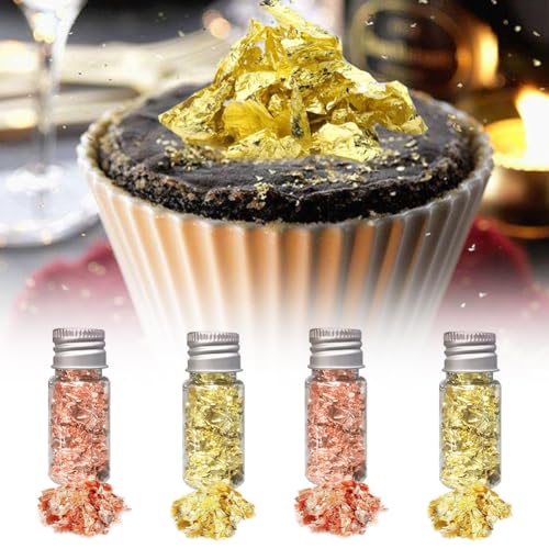 UxradG 4 Flaschen Essbare Goldblätter, Essbare Goldfolienflocken Goldfolie zum Basteln, Lebensmittel Goldfolien Dekoration, Backgoldfolie, für Kuchen Dessert und DIY Nagelkunst(Gold, Roségold) von UxradG