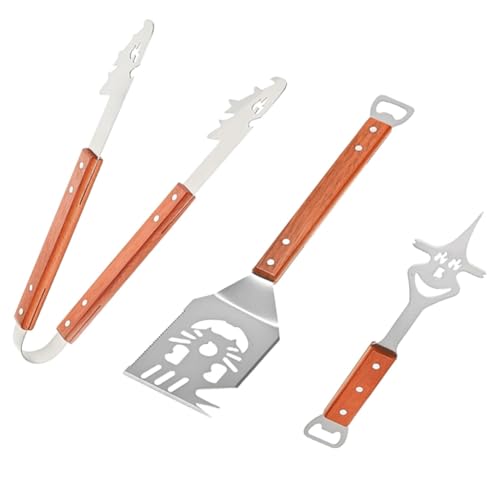 Uxsjakjsd Grillzubehör Set -3 -PCs Edelstahl Besteck - Spatel, Fleischgabel mit Holzgriffen von Uxsjakjsd