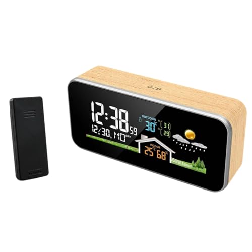 Uxsjakjsd Kabellose Wetterstation Holzwecker für Zuhause, Schreibtischuhr mit Digitalem Thermometer, Feuchtigkeitsmesser und Drahtlosem Temperatursensor von Uxsjakjsd