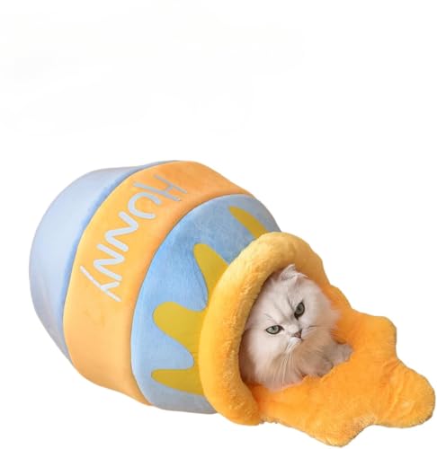 Honigtopf Katzenbett mit abnehmbarem und waschbarem Kissen – 3D-Cartoon-Halbgeschlossenes warmes Haustiernest aus weicher PP-Baumwolle, Schlafhaus für Kätzchen, kleine Hunde, gemütliche Nutzung im von UzeEnde