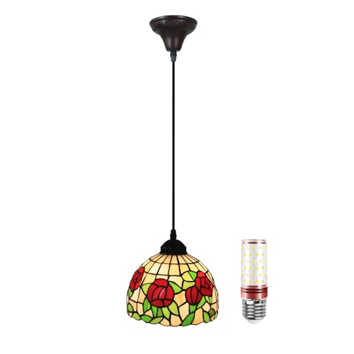 Uziqueif 8 Zoll Esstisch Lampen Hängend, Tiffany Hängelampe, Vintage Pendelleuchte, Pendant Light für Küche Schlafzimme Wohnzimmer Flur, Rose Lampenschirm Glas von Uziqueif