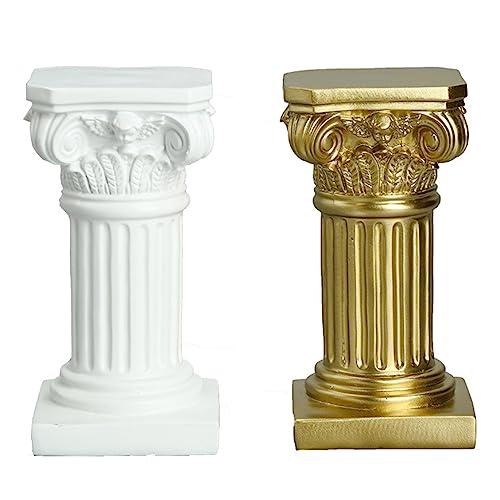Uziqueif 2 Stück Römische Säule Deko Skulptur im Europäischen Stil - Mini Harz Griechische Säulen Kerzenständer Kerzenhalter Dekosäule Requisiten für Haus Büro Hochzeit Tischdekoration,White+Gold von Uziqueif