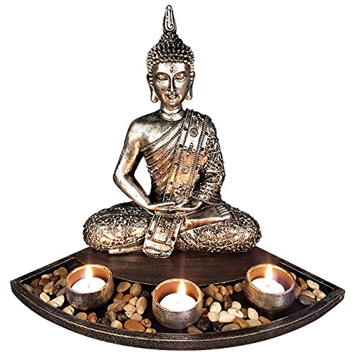 Uziqueif Buddha Figur groß Deko Set mit Kerzenleuchter - Teelichthalter Dekofigur inklusive Deko-Steinen zur Meditation (Enthält Keine Kerzen und Weihrauch) von Uziqueif